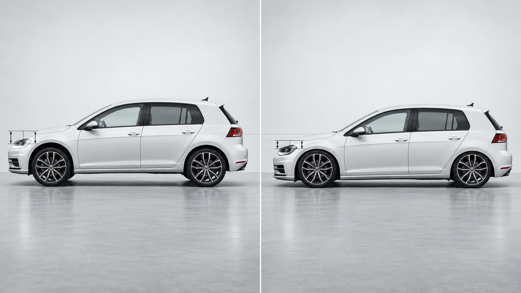 Comparativa visual de altura de serie y altura rebajada moderada en un coche